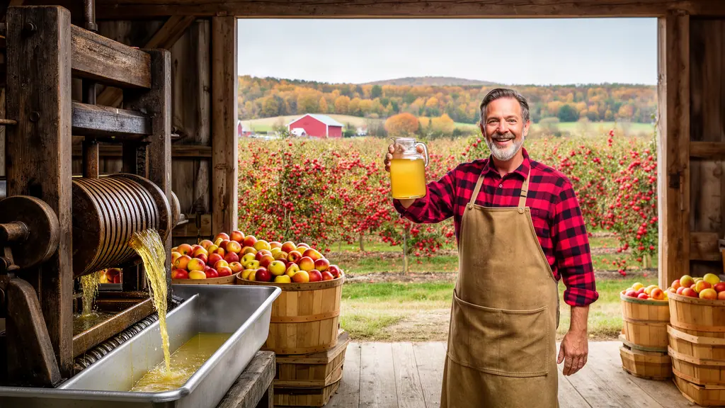 A cider maker raises a jug of fresh cider beside an old press pouring golden juice, crates of apples and an orchard beyond.